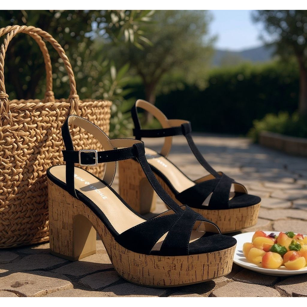 Sun & Stone Womens Micro Suede Retro Cork Platform Sandals 10 M Black